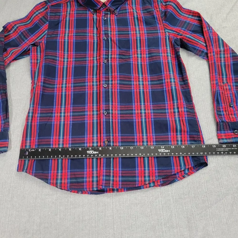 Holly Whyte Lindex Boys LG Tartan Plaid Navy Red Holiday Christmas Shirt EUC